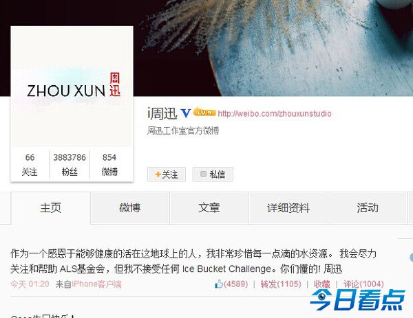 周迅拒绝冰桶疑怀孕 挑战成噱头捐款甚少